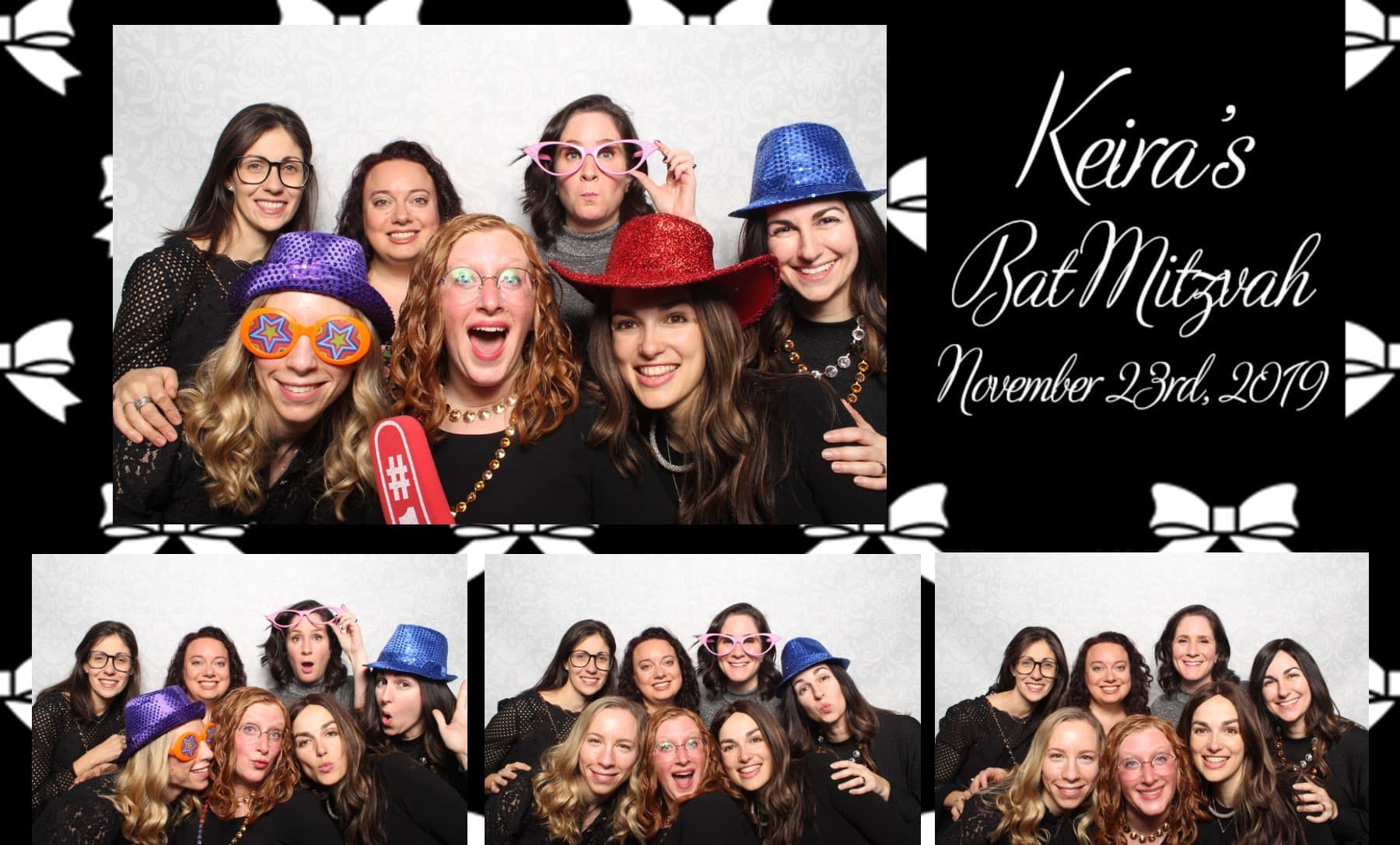 Celebration guests posing with hats in the booth
