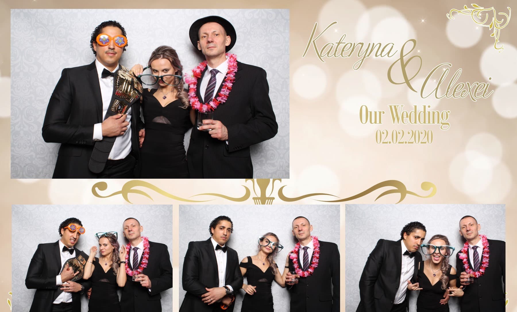 Wedding guests posing in a gold-themed booth print